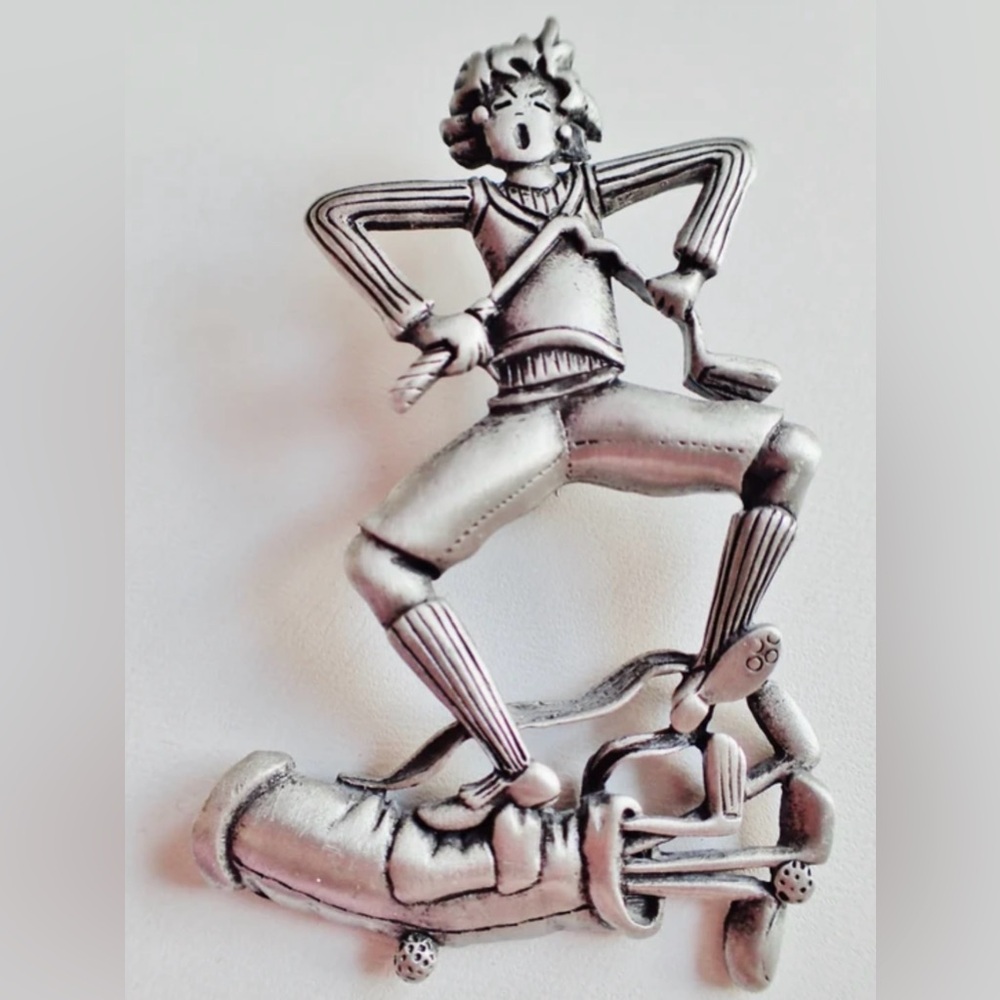 Artisan Signed JJ Jonette Angry Golfer Breaking Golf Club Brooch Pin Rare 1980s